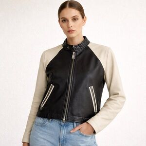 Coach Women's Black & Beige Sheep Leather Bomber Jacket Colorblock XS